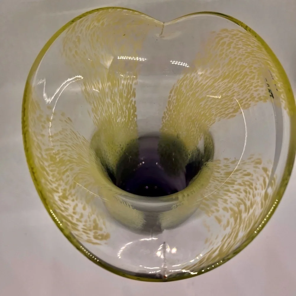 Teleflora Speckled Art Glass Vase Purple Green Flared Lip Hand Blown 8 Inch